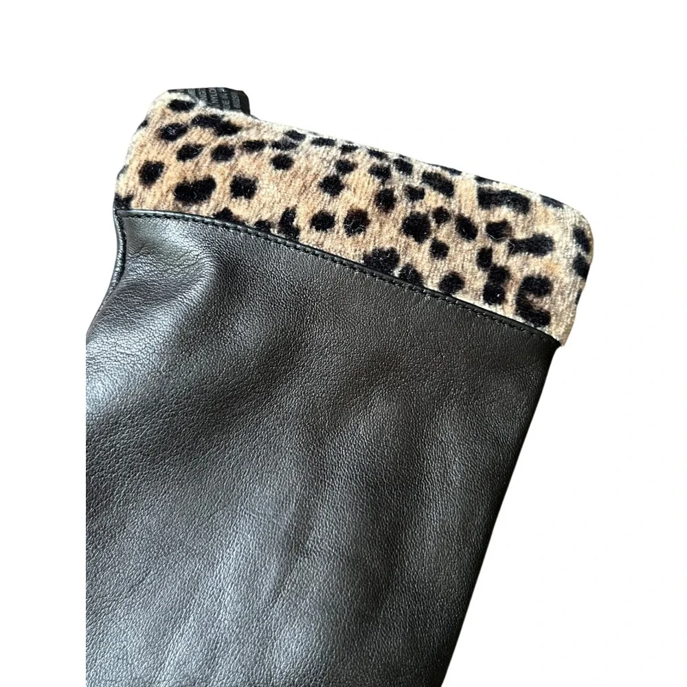 PORTOLANO BLACK LEATHER GLOVES Leopard Print Trim ANGORA/LAMBSWOOL LINER sz 7.5